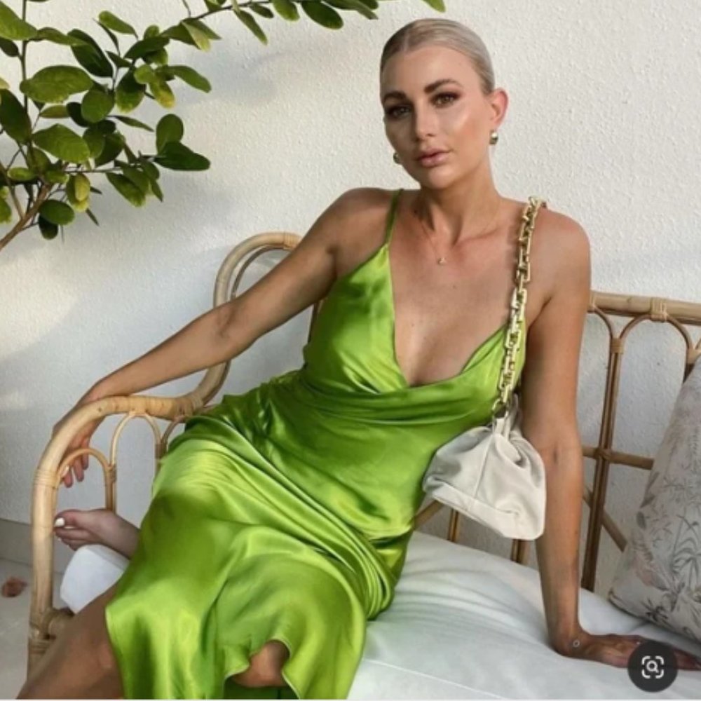 Zara Greenish Satin Effect Slip Midi Dress Sz M NWT - Picture 1 of 14